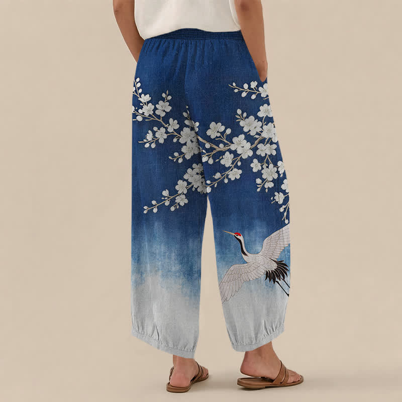 Buddha Stones Cotton Oriental Crane Plum Blossom Pattern Pleated Elastic Waist Women's Harem Pants With Pockets - image 2