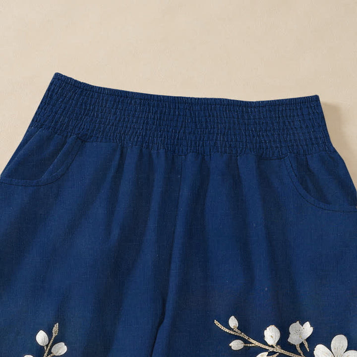 Buddha Stones Cotton Oriental Crane Plum Blossom Pattern Pleated Elastic Waist Women's Harem Pants With Pockets - image 4