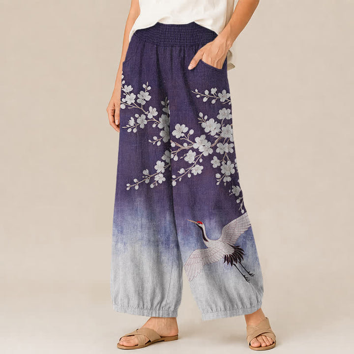 Buddha Stones Cotton Oriental Crane Plum Blossom Pattern Pleated Elastic Waist Women's Harem Pants With Pockets - image 7