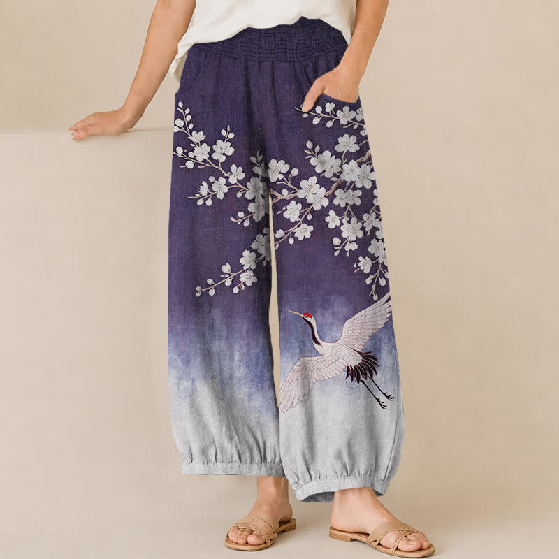 Buddha Stones Cotton Oriental Crane Plum Blossom Pattern Pleated Elastic Waist Women's Harem Pants With Pockets - Indigo - US16，UK/AU20，EU48 (3XL) - image 6