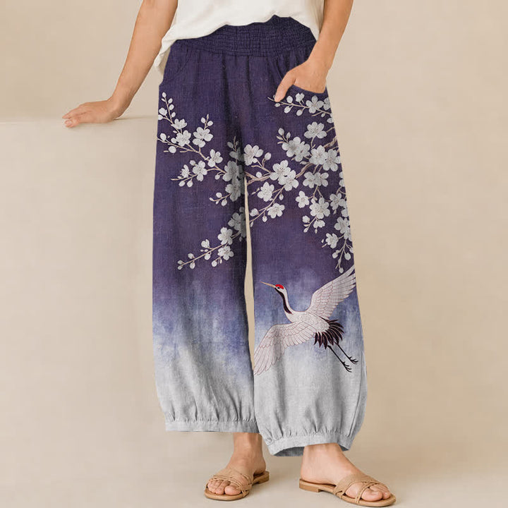 Buddha Stones Cotton Oriental Crane Plum Blossom Pattern Pleated Elastic Waist Women's Harem Pants With Pockets - Indigo - US16，UK/AU20，EU48 (3XL) - image 6