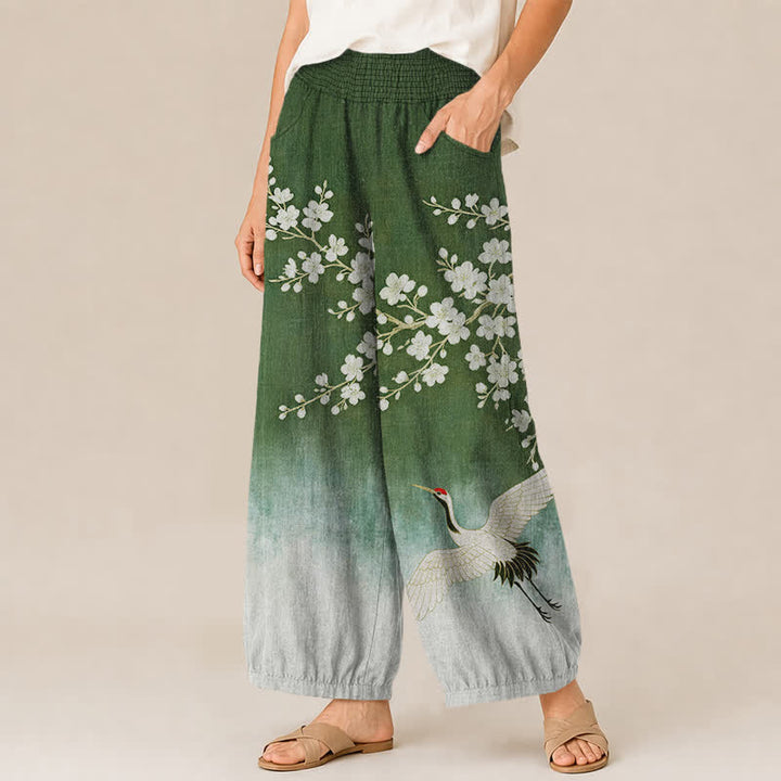 Buddha Stones Cotton Oriental Crane Plum Blossom Pattern Pleated Elastic Waist Women's Harem Pants With Pockets - image 11