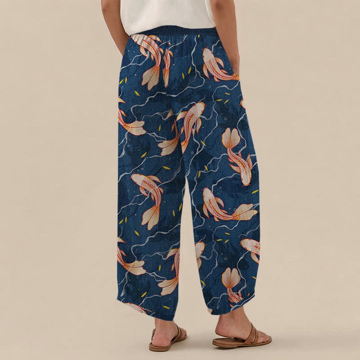 Buddha Stones Cotton Koi Fish Wave Pattern Pleated Elastic Waist Women's Harem Pants With Pockets - image 2