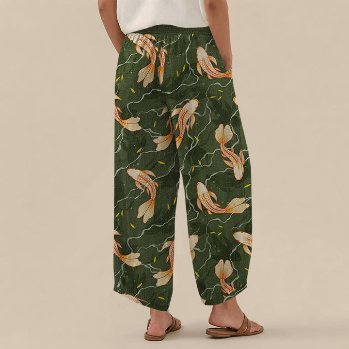 Buddha Stones Cotton Koi Fish Wave Pattern Pleated Elastic Waist Women's Harem Pants With Pockets - image 8