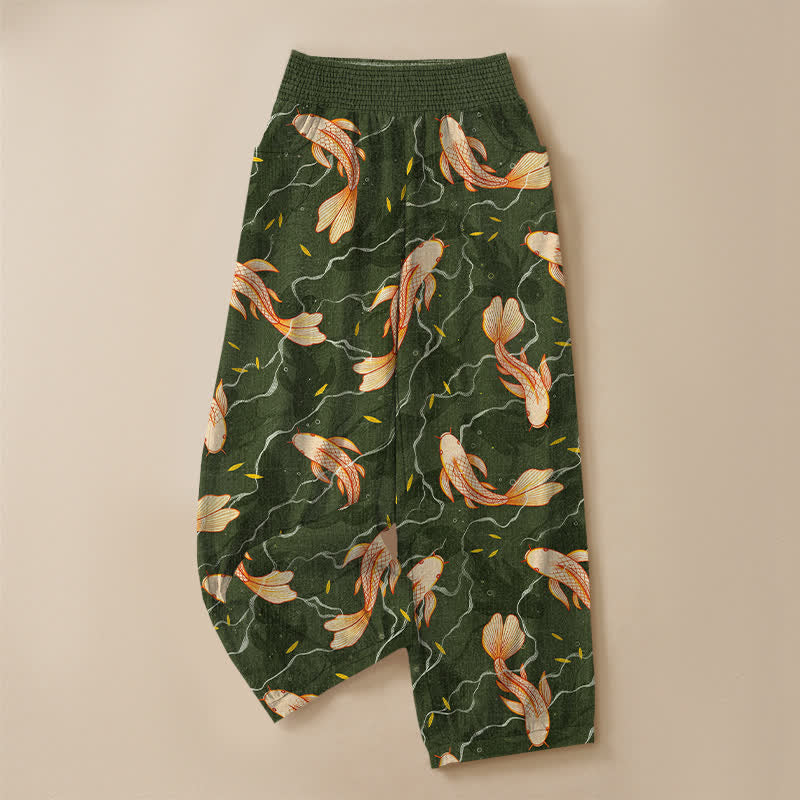 Buddha Stones Cotton Koi Fish Wave Pattern Pleated Elastic Waist Women's Harem Pants With Pockets - image 9