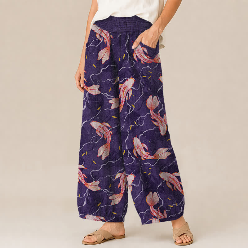 Buddha Stones Cotton Koi Fish Wave Pattern Pleated Elastic Waist Women's Harem Pants With Pockets - image 11