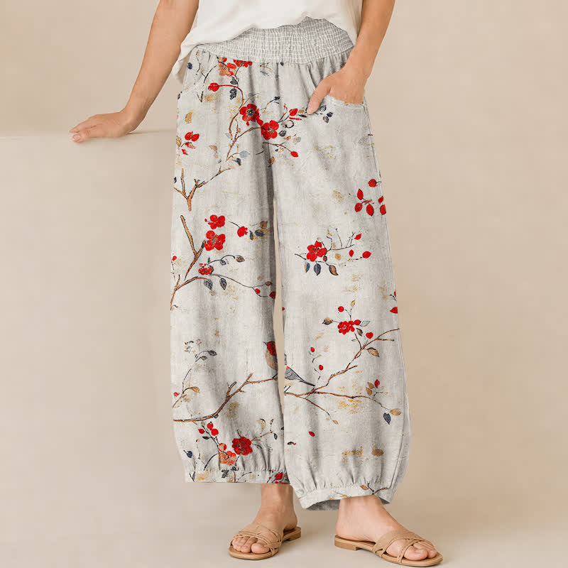 Buddha Stones Cotton Blossom Bird Branch Pattern Pleated Elastic Waist Women's Harem Pants With Pockets - Linen - US16，UK/AU20，EU48 (3XL) - image 0
