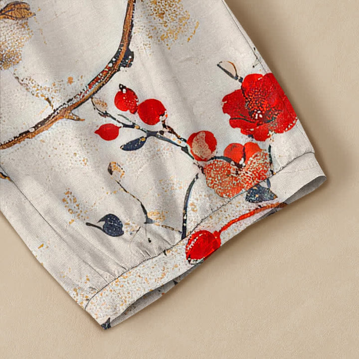 Buddha Stones Cotton Blossom Bird Branch Pattern Pleated Elastic Waist Women's Harem Pants With Pockets - image 5