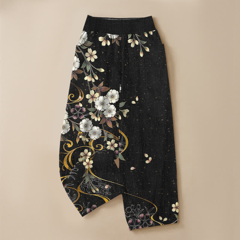 Buddha Stones Cotton Asymmetrical Floral Vine Pattern Pleated Elastic Waist Women's Harem Pants With Pockets - image 3
