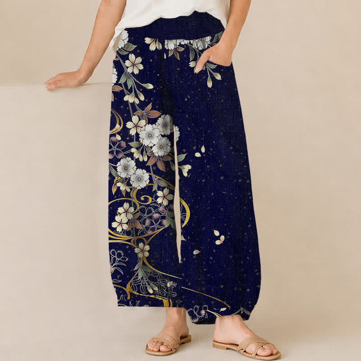 Buddha Stones Cotton Asymmetrical Floral Vine Pattern Pleated Elastic Waist Women's Harem Pants With Pockets - Navy - US16，UK/AU20，EU48 (3XL) - image 6
