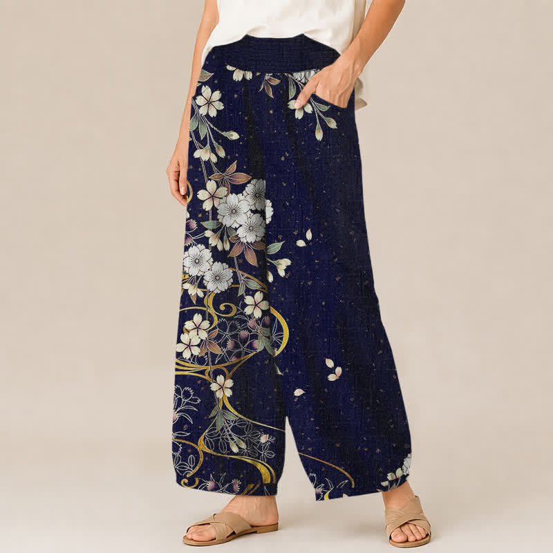 Buddha Stones Cotton Asymmetrical Floral Vine Pattern Pleated Elastic Waist Women's Harem Pants With Pockets - image 7
