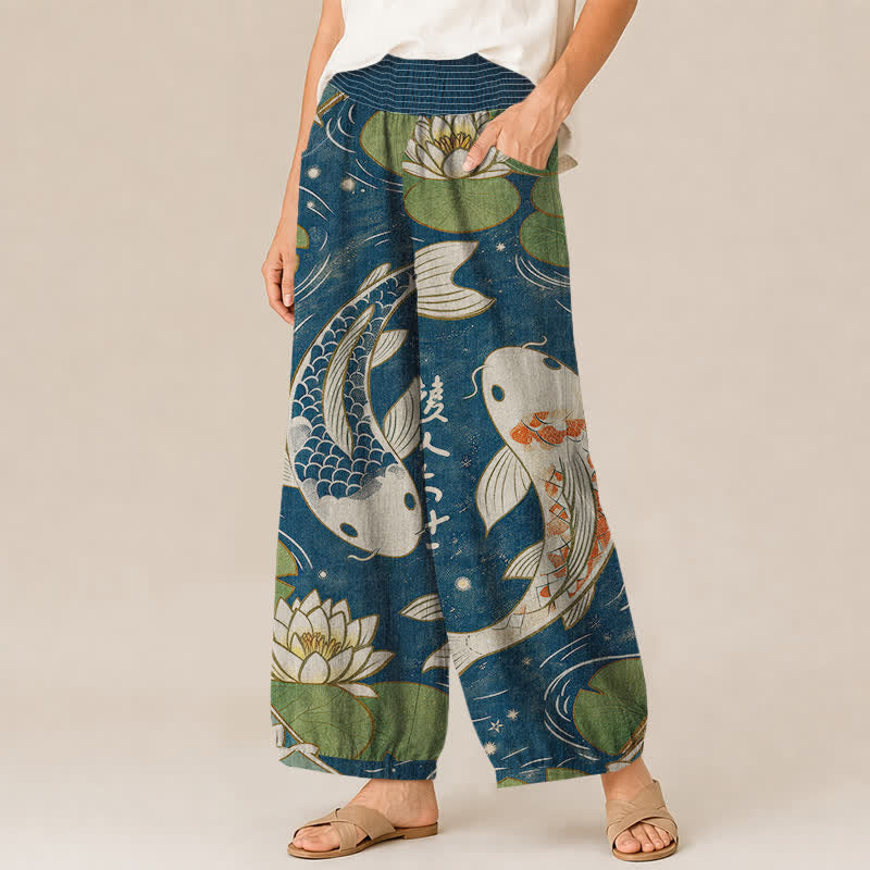 Buddha Stones Cotton Oriental Koi Fish Lotus Pattern Pleated Elastic Waist Women's Harem Pants With Pockets - image 1