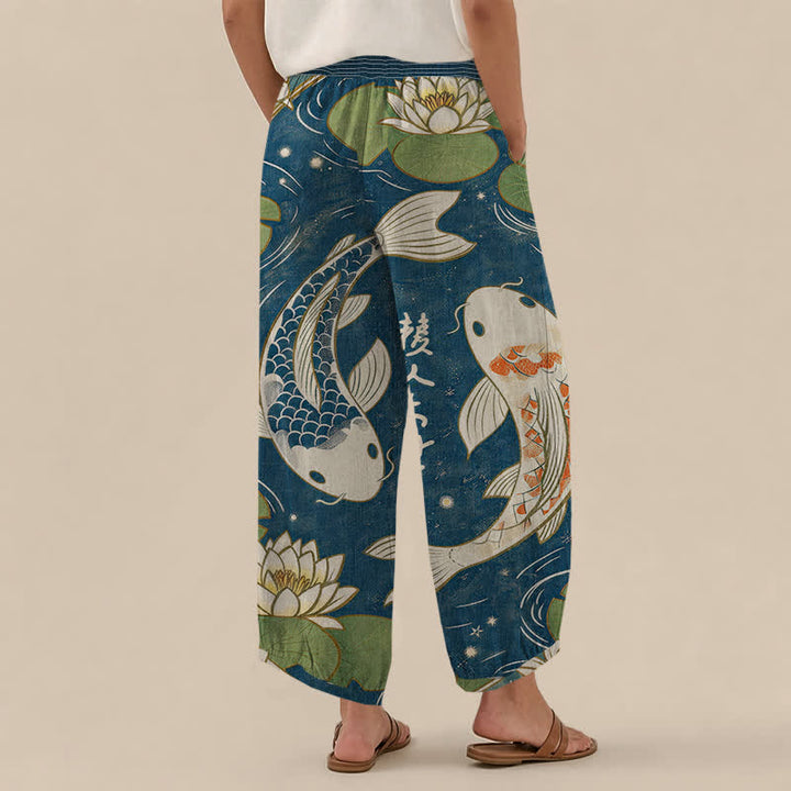 Buddha Stones Cotton Oriental Koi Fish Lotus Pattern Pleated Elastic Waist Women's Harem Pants With Pockets - image 2