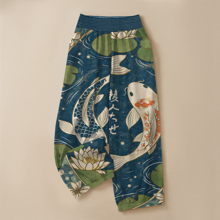 Buddha Stones Cotton Oriental Koi Fish Lotus Pattern Pleated Elastic Waist Women's Harem Pants With Pockets - image 3