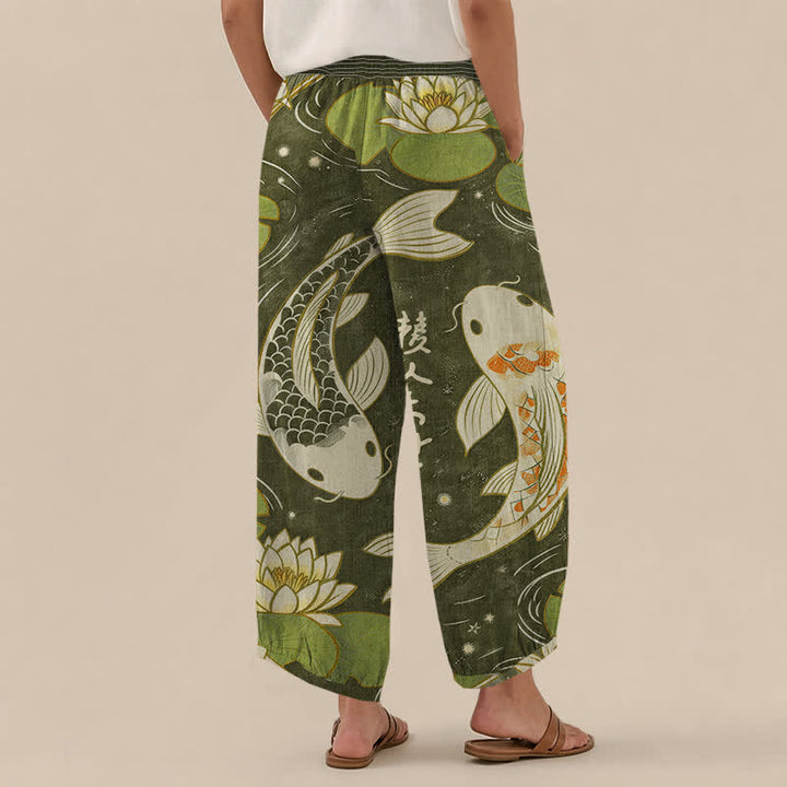 Buddha Stones Cotton Oriental Koi Fish Lotus Pattern Pleated Elastic Waist Women's Harem Pants With Pockets - image 8