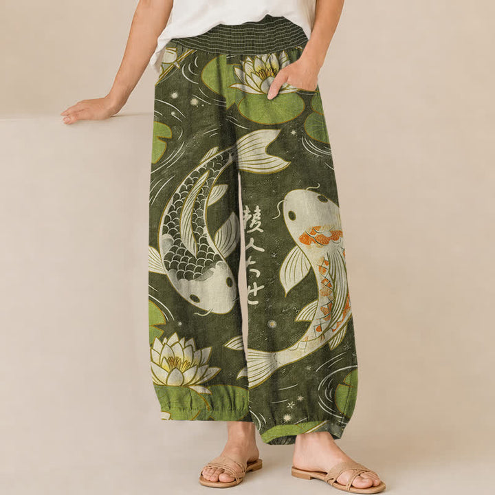 Buddha Stones Cotton Oriental Koi Fish Lotus Pattern Pleated Elastic Waist Women's Harem Pants With Pockets - DarkOliveGreen - US16，UK/AU20，EU48 (3XL) - image 6