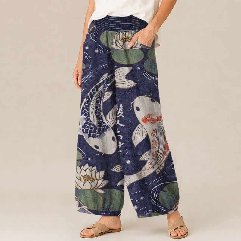 Buddha Stones Cotton Oriental Koi Fish Lotus Pattern Pleated Elastic Waist Women's Harem Pants With Pockets - image 11