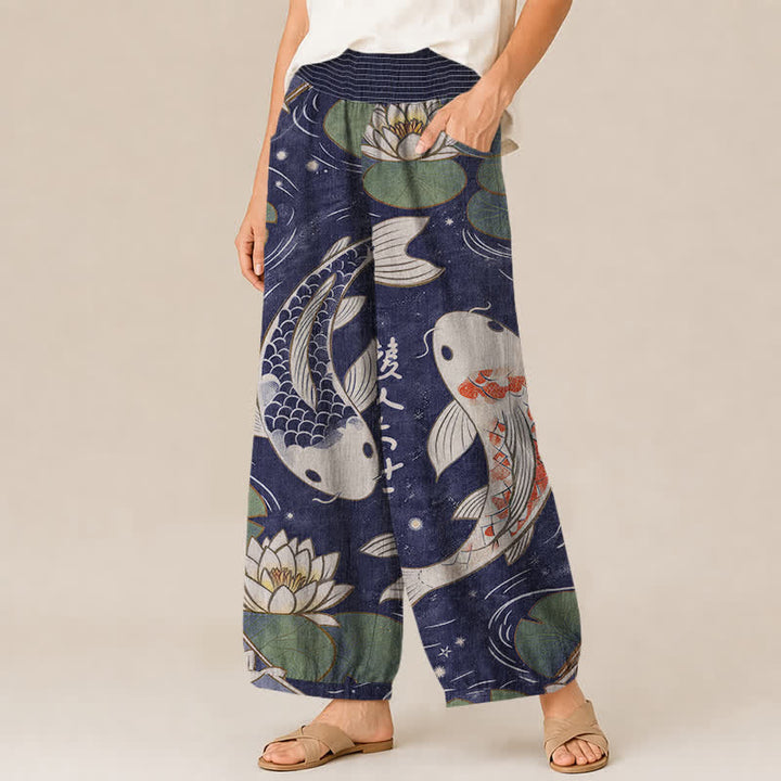 Buddha Stones Cotton Oriental Koi Fish Lotus Pattern Pleated Elastic Waist Women's Harem Pants With Pockets - image 11