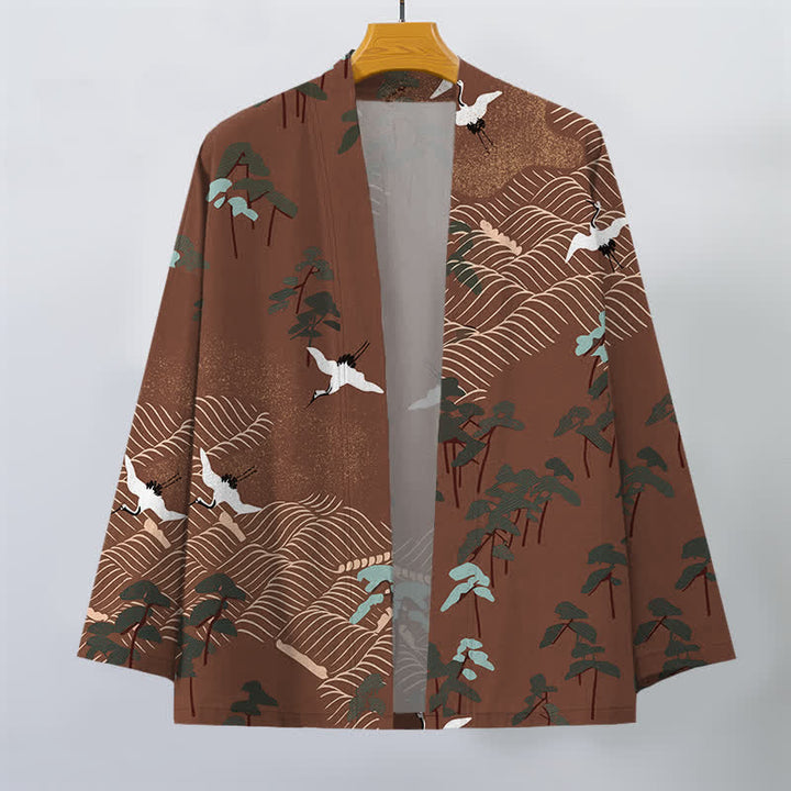Buddha Stones Cotton White Crane Trees Flowing Waves Pattern Open Front Men's Kimono - image 1