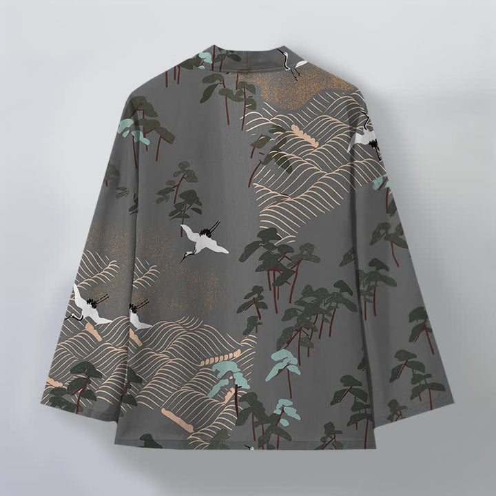 Buddha Stones Cotton White Crane Trees Flowing Waves Pattern Open Front Men's Kimono - image 11