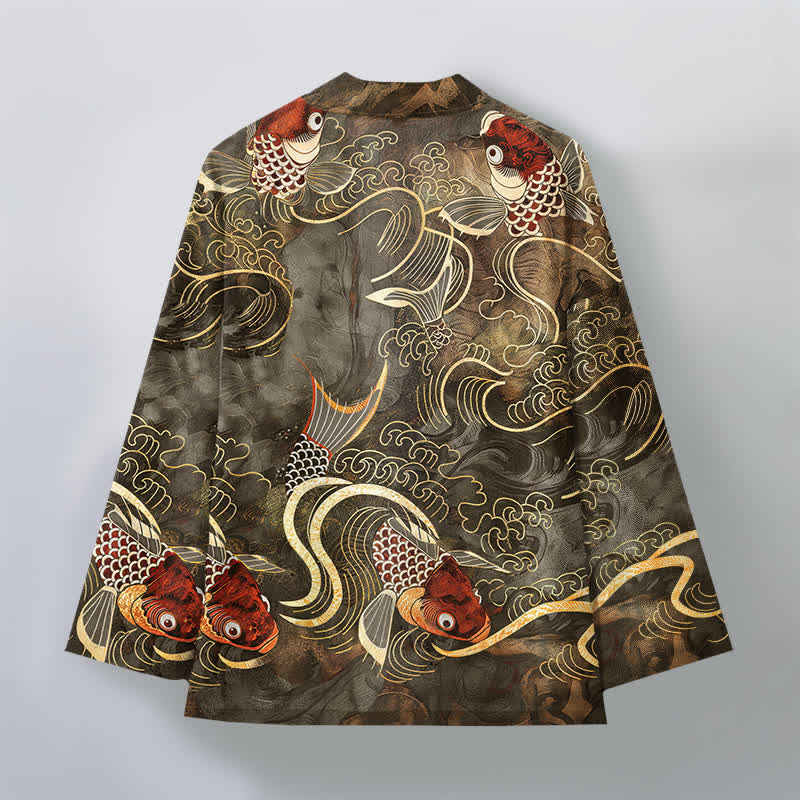 Buddha Stones Cotton Red Koi Fish Golden Waves Pattern Open Front Men's Kimono - image 2