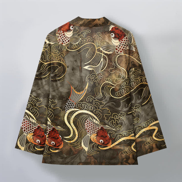 Buddha Stones Cotton Red Koi Fish Golden Waves Pattern Open Front Men's Kimono - image 2