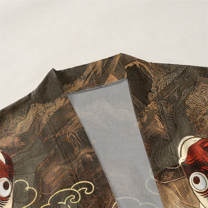 Buddha Stones Cotton Red Koi Fish Golden Waves Pattern Open Front Men's Kimono - image 3