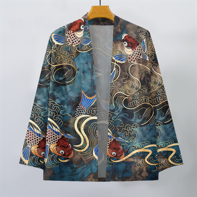 Buddha Stones Cotton Red Koi Fish Golden Waves Pattern Open Front Men's Kimono - image 7