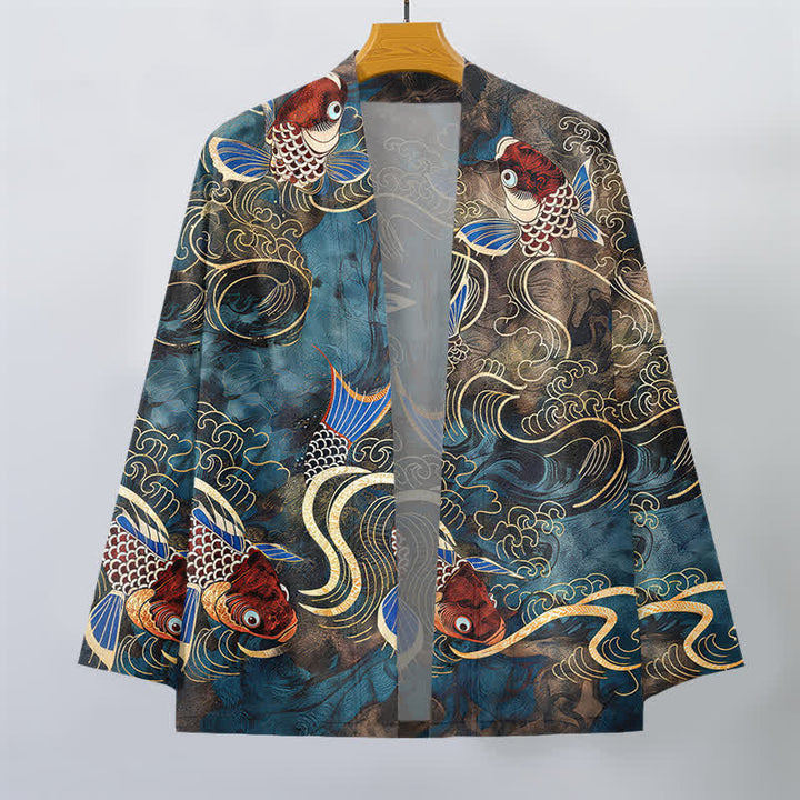 Buddha Stones Cotton Red Koi Fish Golden Waves Pattern Open Front Men's Kimono - image 7