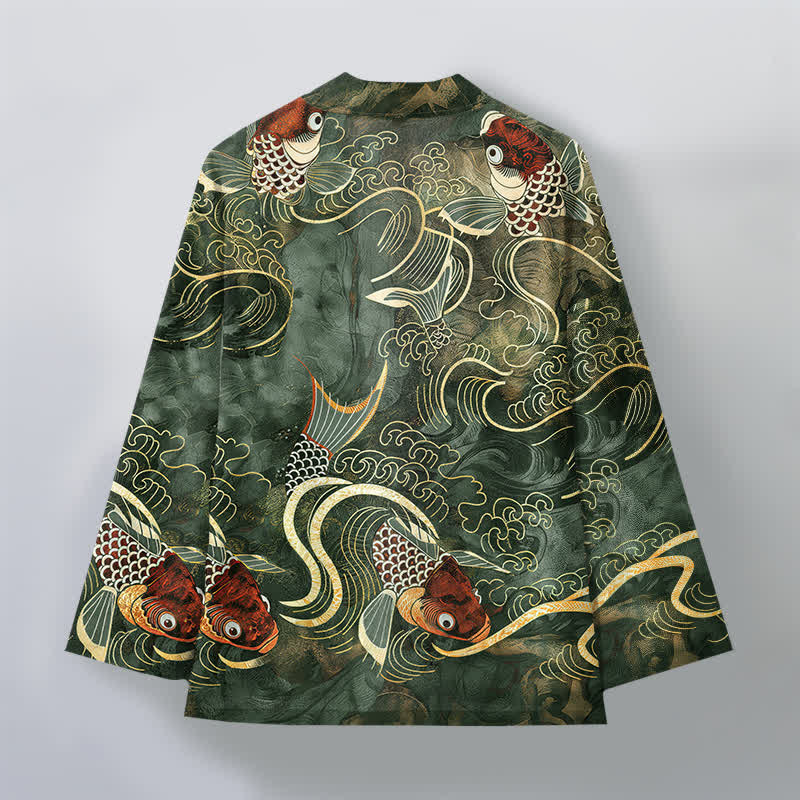 Buddha Stones Cotton Red Koi Fish Golden Waves Pattern Open Front Men's Kimono - image 11