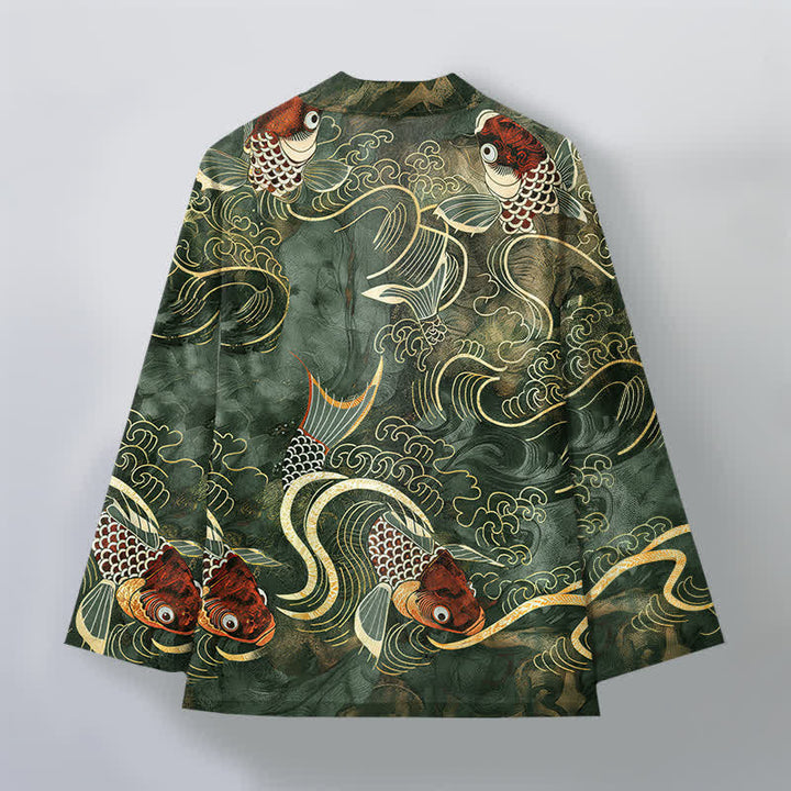 Buddha Stones Cotton Red Koi Fish Golden Waves Pattern Open Front Men's Kimono - image 11