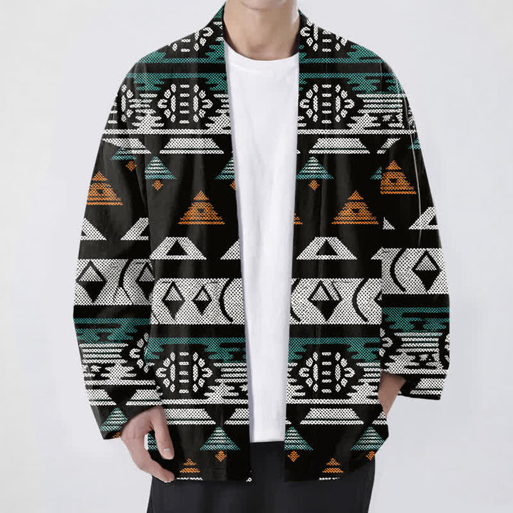 Buddha Stones Cotton Teal Aztec Geometric Pattern Open Front Men's Kimono - Black - US/UK/AU48，EU58 (4XL) - image 6
