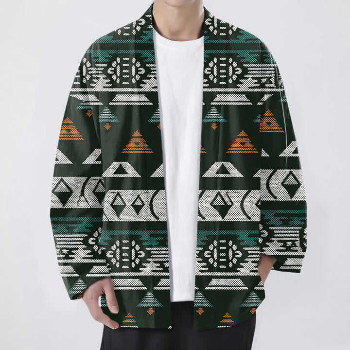 Buddha Stones Cotton Teal Aztec Geometric Pattern Open Front Men's Kimono - DarkGreen - US/UK/AU48，EU58 (4XL) - image 9