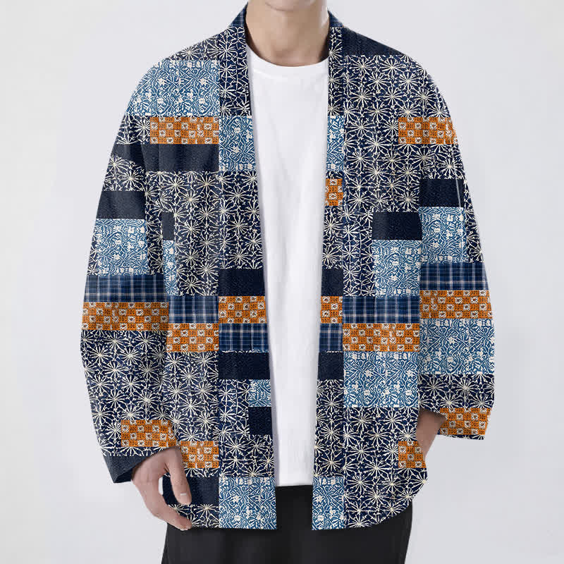 Buddha Stones Cotton Patchwork Geometric Block Pattern Open Front Men's Kimono - Navy - US/UK/AU48，EU58 (4XL) - image 0
