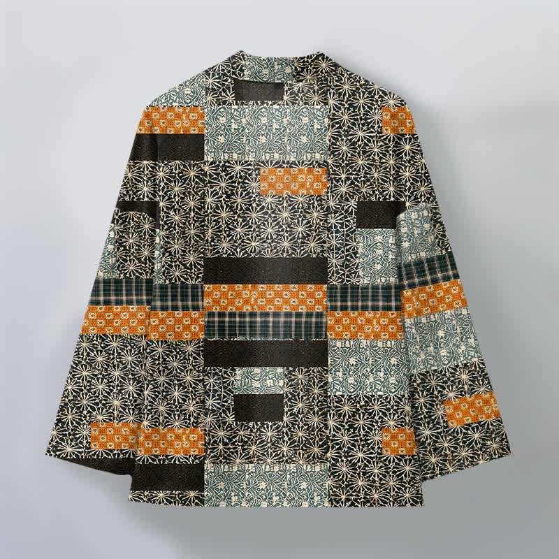 Buddha Stones Cotton Patchwork Geometric Block Pattern Open Front Men's Kimono - image 8