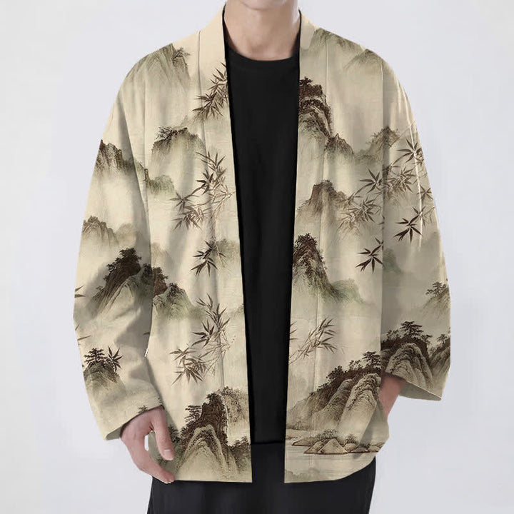 Buddha Stones Cotton Ink Bamboo Mountains Landscape Pattern Open Front Men's Kimono - Tan - US/UK/AU48，EU58 (4XL) - image 6