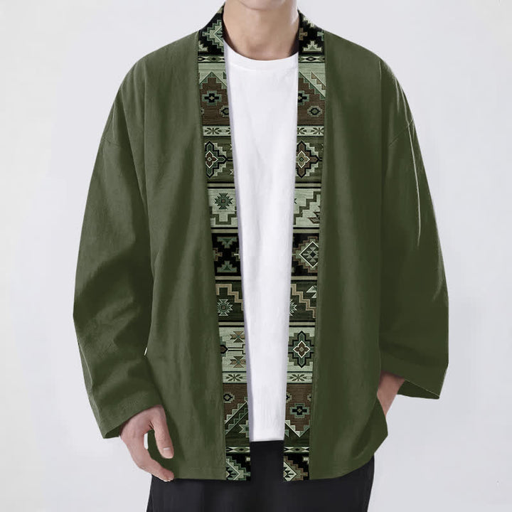 Buddha Stones Cotton Tribal Geometric Trim Pattern Open Front Men's Kimono - DarkOliveGreen - US/UK/AU48，EU58 (4XL) - image 6