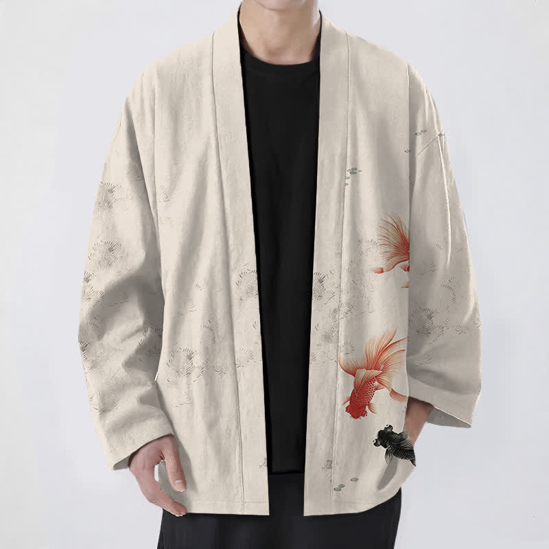 Buddha Stones Cotton Koi Fish Flowing Waves Pattern Open Front Men's Kimono - Linen - US/UK/AU48，EU58 (4XL) - image 0