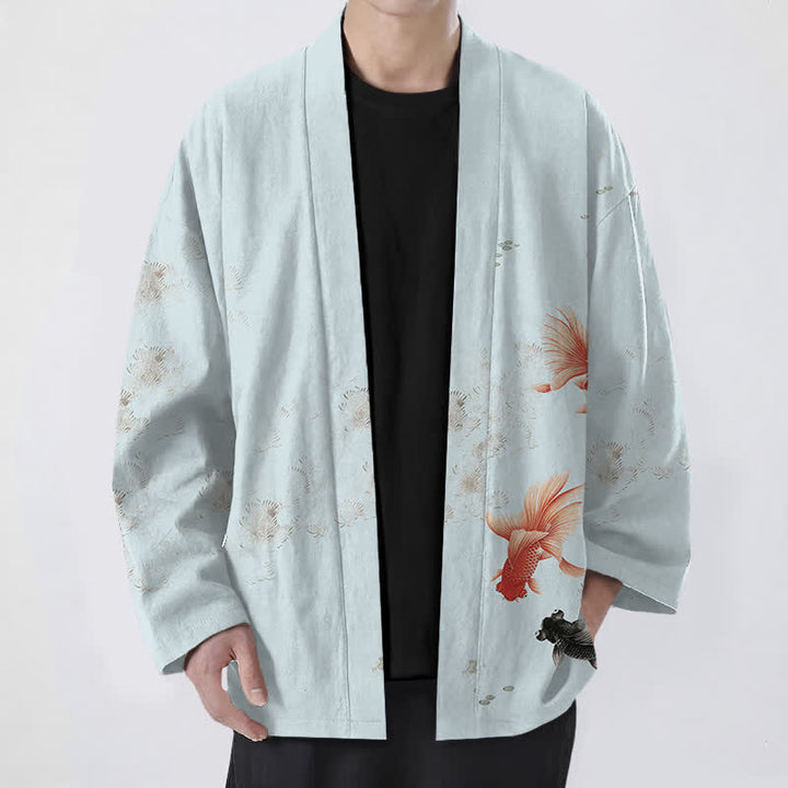 Buddha Stones Cotton Koi Fish Flowing Waves Pattern Open Front Men's Kimono - PowderBlue - US/UK/AU48，EU58 (4XL) - image 6