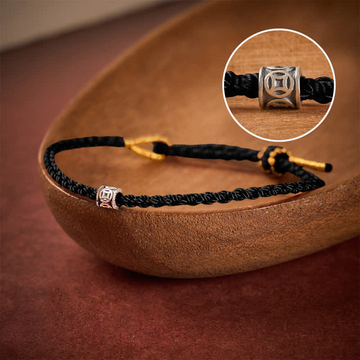 Buddha Stones Black Red String 925 Sterling Silver Chinese Coin Protection Minimalist Bracelet - Black String - 5.5–6.3 in (14–16 cm) - image 13