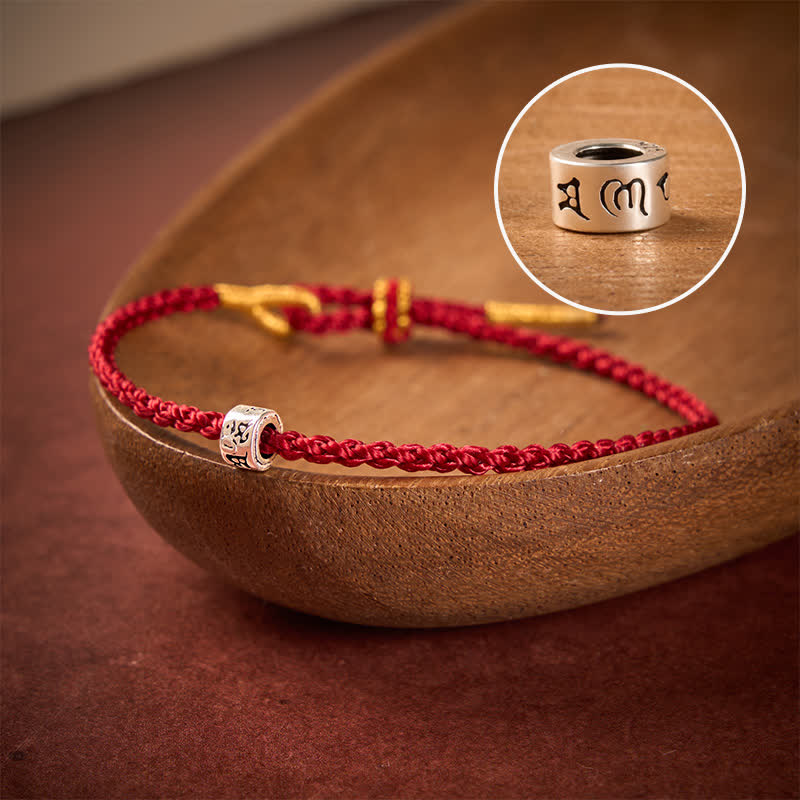 Buddha Stones Black Red String 925 Sterling Silver Om Mani Padme Hum Luck Minimalist Bracelet - Dark Red String - 5.5–6.3 in (14–16 cm) - image 0