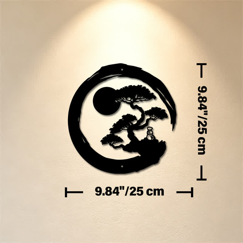 Buddha Stones Metal Zen Circle Pine Enlightenment Bonsai Iron Meaningful Symbols Wall Art - Approx. 25cm x 25cm x 0.1cm / 9.84in x 9.84in x 0.04in - image 2