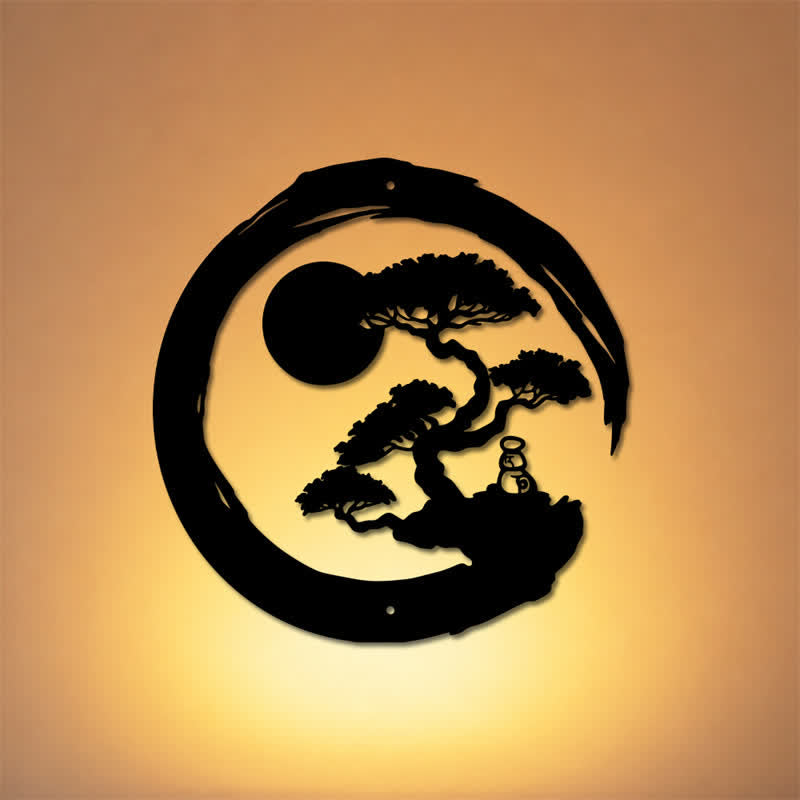 Buddha Stones Metal Zen Circle Pine Enlightenment Bonsai Iron Meaningful Symbols Wall Art - image 0