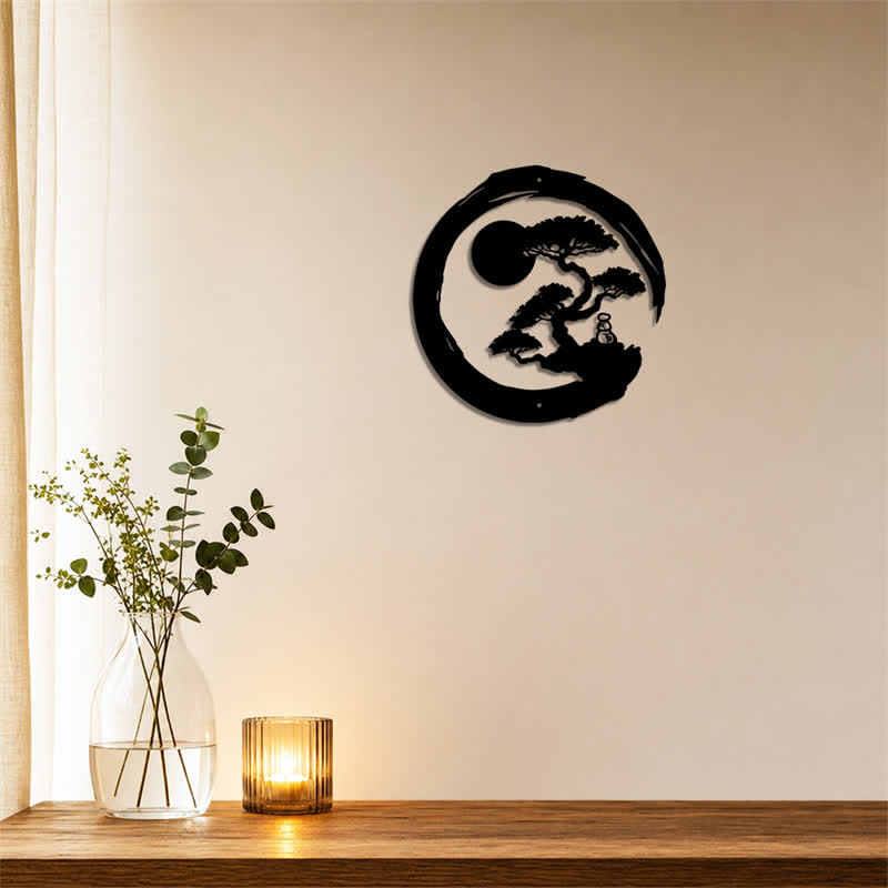 Buddha Stones Metal Zen Circle Pine Enlightenment Bonsai Iron Meaningful Symbols Wall Art - image 3