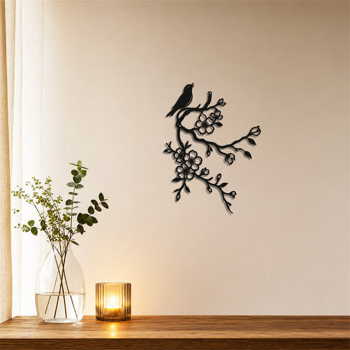 Buddha Stones Metal Bird on Peach Blossom Branch Zen Iron Meaningful Symbols Wall Art - image 3