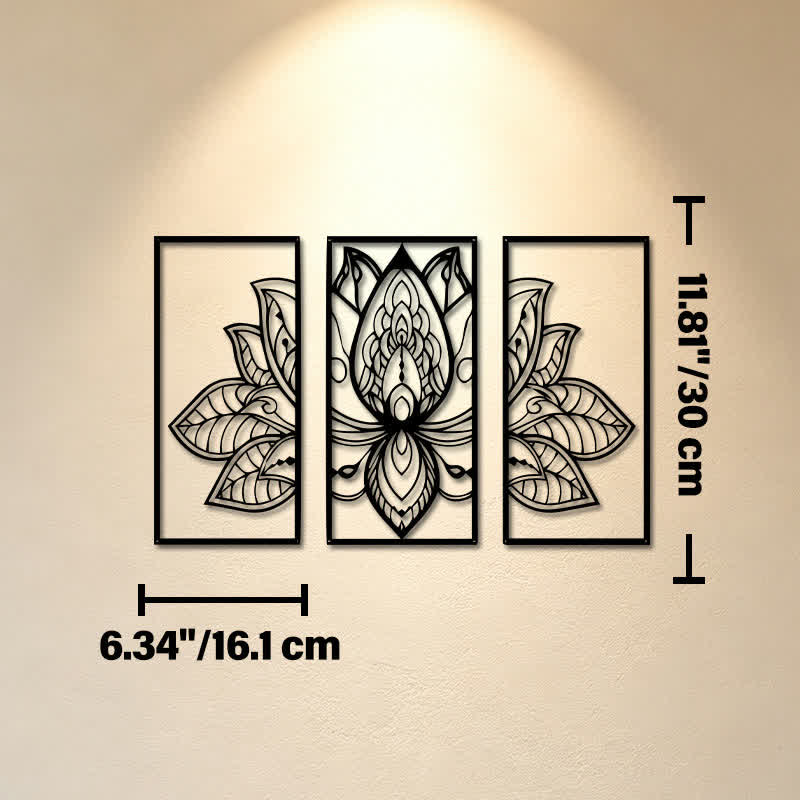 Buddha Stones Lotus Enlightenment Triptych Iron Metal Meaningful Symbols Wall Art - Approx. 16.1cm x 30cm x 0.1cm / 6.34in x 11.81in x 0.04in - image 4