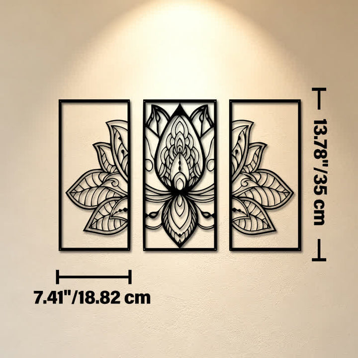 Buddha Stones Lotus Enlightenment Triptych Iron Metal Meaningful Symbols Wall Art - Approx. 18.82cm x 35cm x 0.1cm / 7.41in x 13.78in x 0.04in - image 6