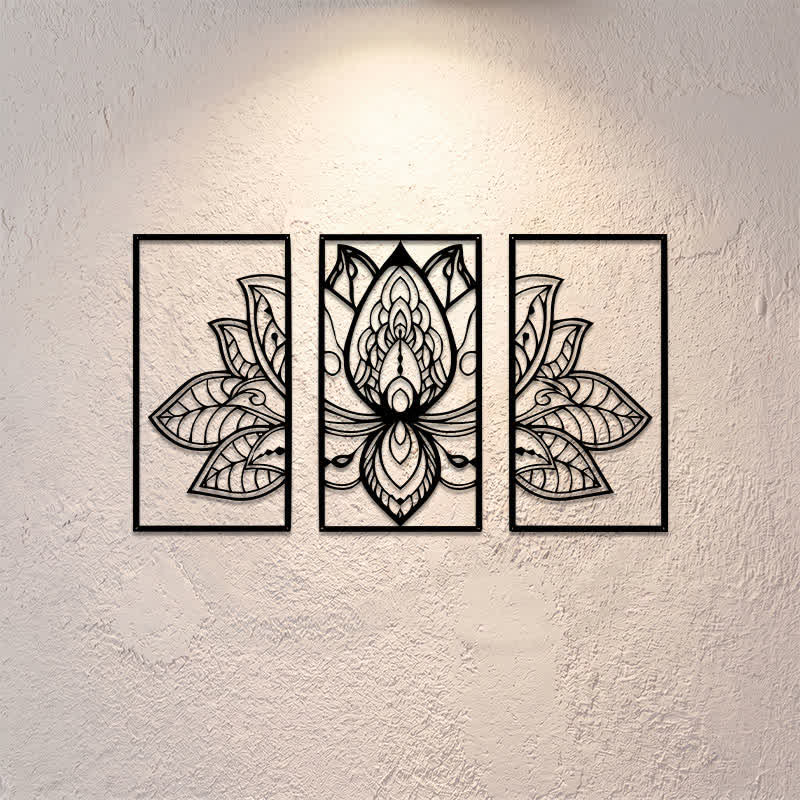Buddha Stones Lotus Enlightenment Triptych Iron Metal Meaningful Symbols Wall Art - image 0