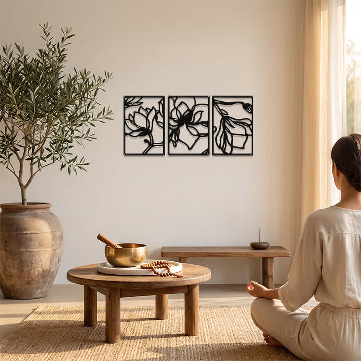 Buddha Stones Black Metal Lotus Enlightenment Triptych Iron Metal Meaningful Symbols Wall Art - image 5