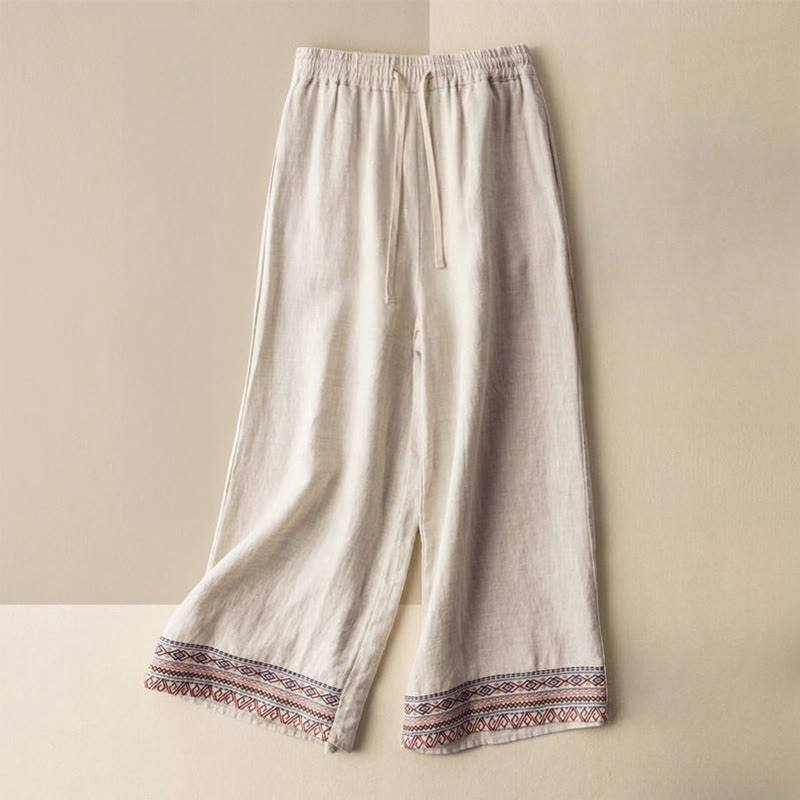 Buddha Stones Casual Embroidery Bohemian Pattern Drawstring Women's Wide Leg Pants With Pockets - Beige - US12，UK/AU16，EU44 (XL) - image 0